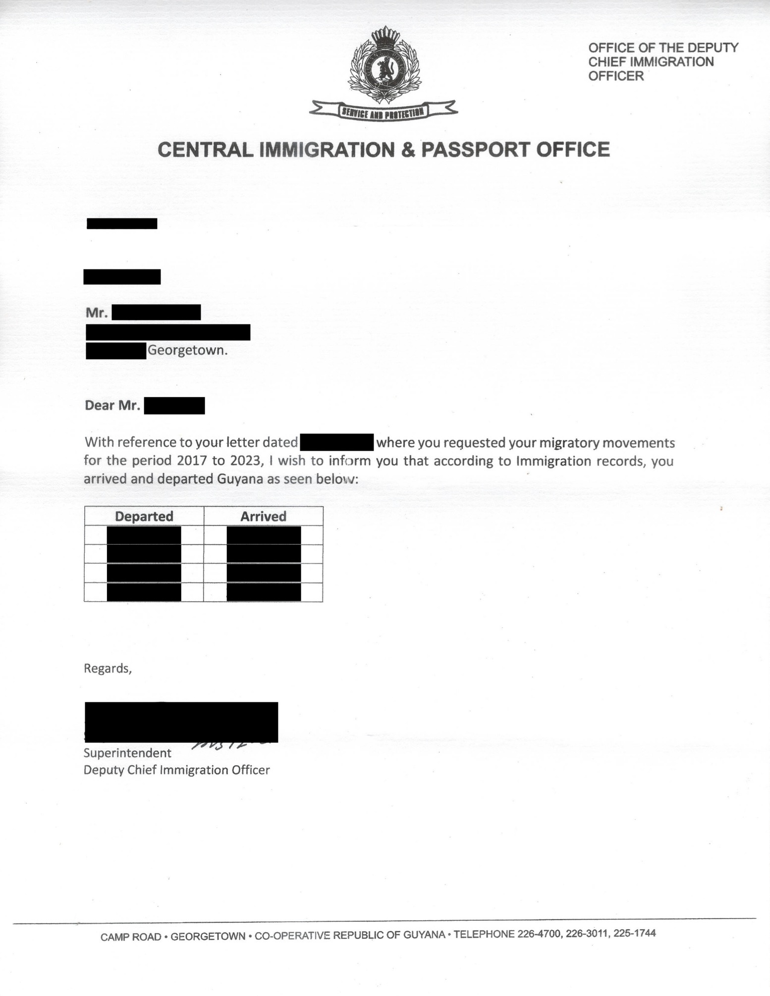 Sample travel records from the immigration department